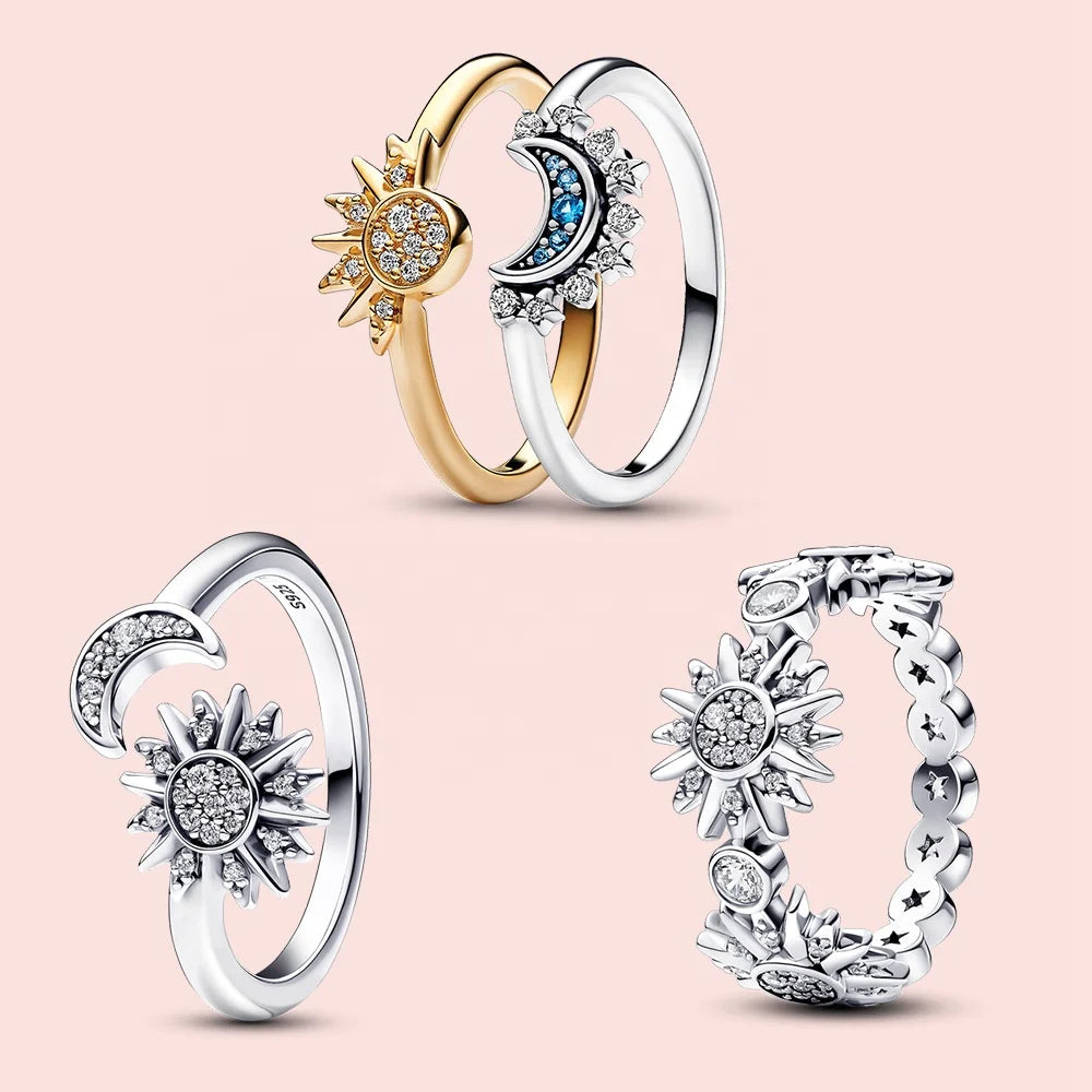 Pandora Celestial Blue Sparkling Moon Ring |Sterling Silver Ring