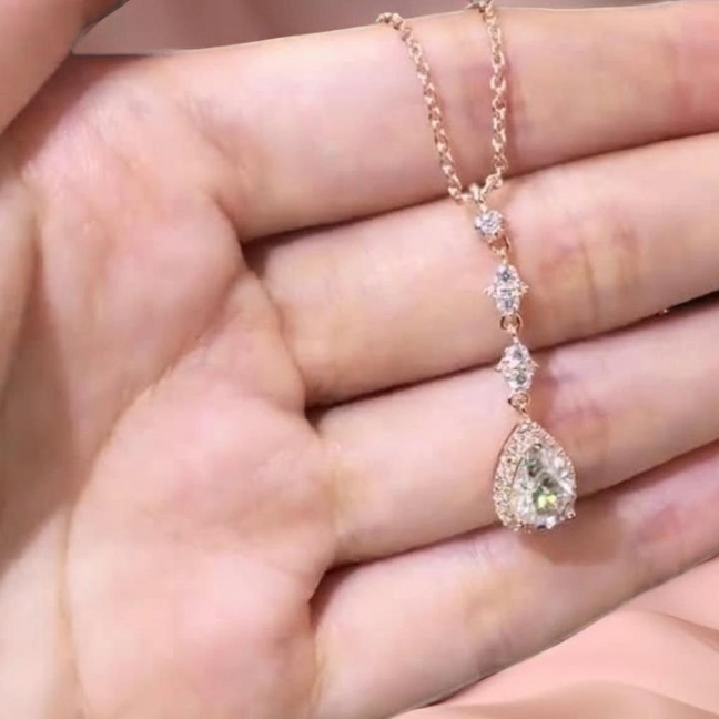Silver Sterling 925 Moissanite Stone Chain Pendant with Rose Gold Plated | Pear Cut Moissanite Pendant Necklace