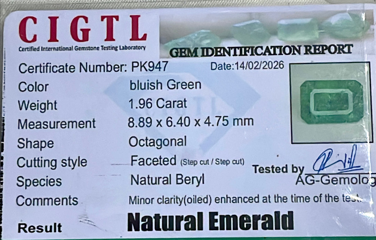 1.96 carats Octagonal Vivid Green Emerald Loose Gemstone - Swat, Pakistan