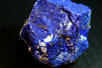 A close-up of a rough lapis lazuli crystal showing deep blue coloration with prominent golden pyrite inclusions 