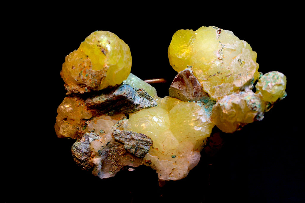 A cluster of yellow Brucite crystals with rough chrysocolla matrix