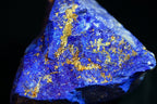 A close-up of a blue lapis lazuli crystal with prominent metallic gold pyrite