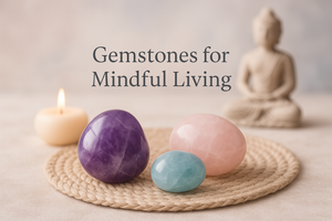 Gemstones for Mindful Living collection banner featuring amethyst, rose quartz, and aquamarine stones in a meditation setting