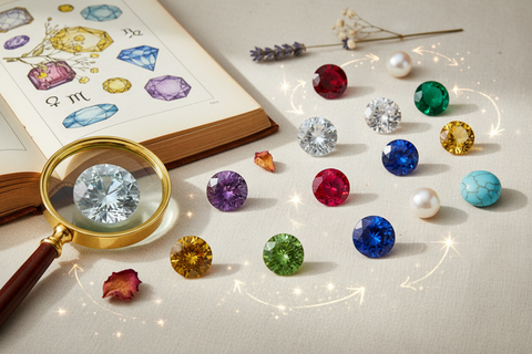 generate a feature image showing guidelines to lead to blog " List of Birthstones" without text. Should have images Birthstone knowledge 