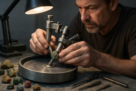 Lapidary artist working on lapidary of rough stones with faceting machine