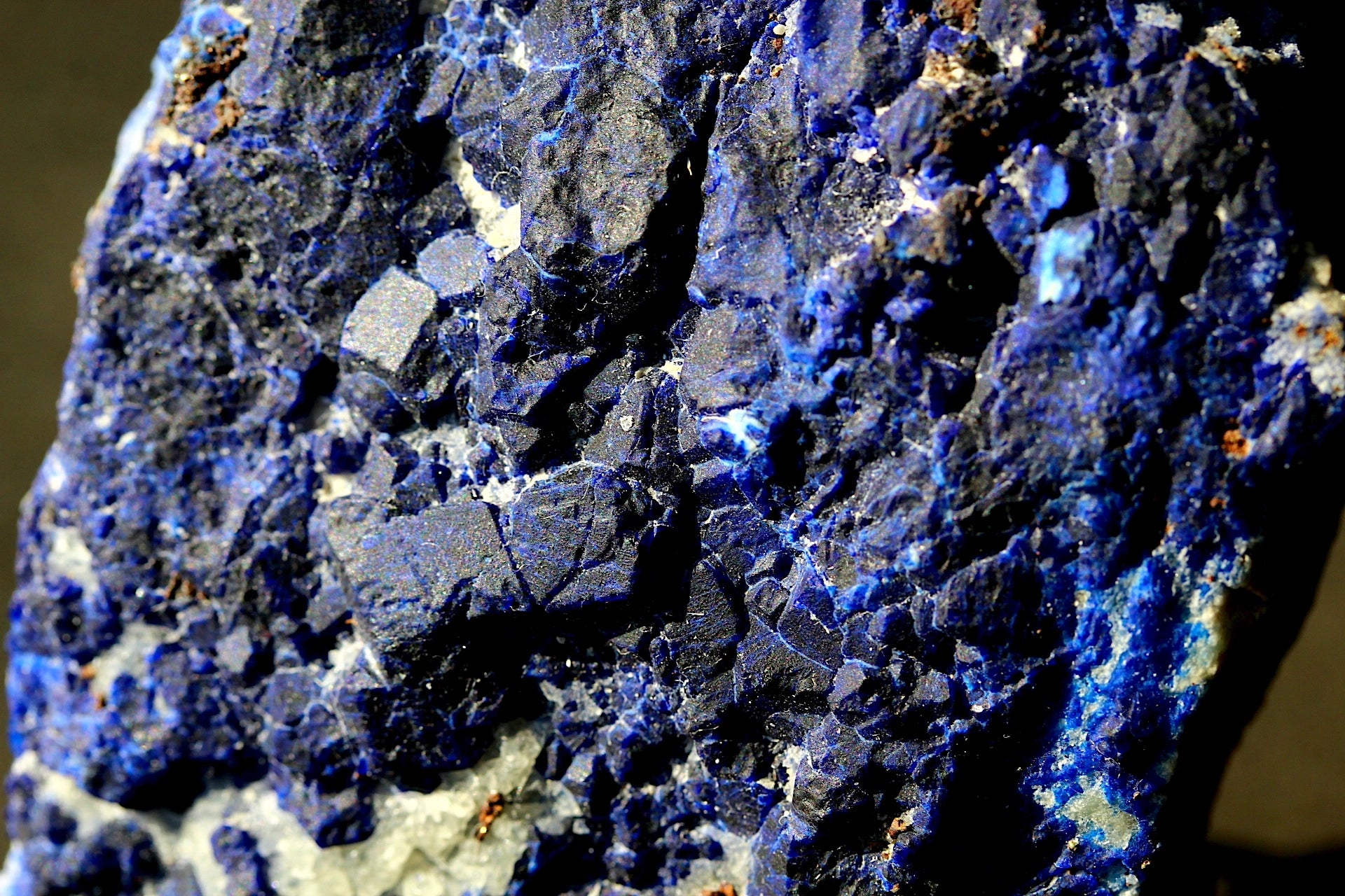 Close-up of a blue and black mineral specimen lazurite